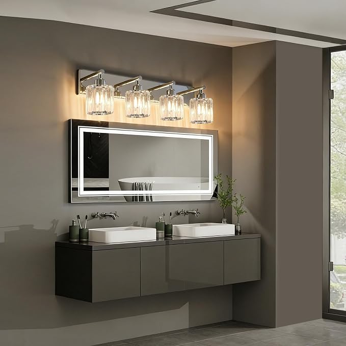 Brushed Chrome Crystal Bathroom Vanity Light, 4-Light Modern Bathroom Lighting Fixtures Over Mirror,Chrome Wall Sconce Light Fixtures with Round Shade