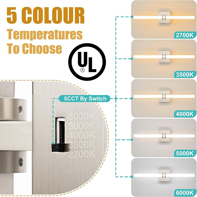 Bathroom Light Fixture LED Vanity Light 22" 5CCT Wall Sconce 18W | LED Dimmable Wall Light Nickel Modern 360° Lighting, Hardwired Vanity Light for Bathroom Mirror, Flicker-Free