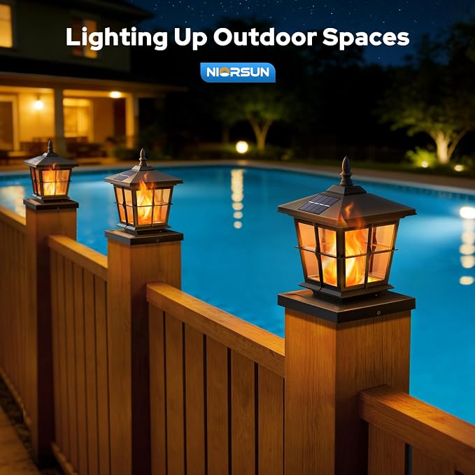 4x4 Post Solar Lights, Solar Post Lights Flame Light, 2 Pack Black | Solar Post Cap Lights, 4x4 Post Caps & 5x5 Wood Vinyl, IP64 Waterproof Fence Post Solar Lights Outdoor,Solar Deck Post Lights