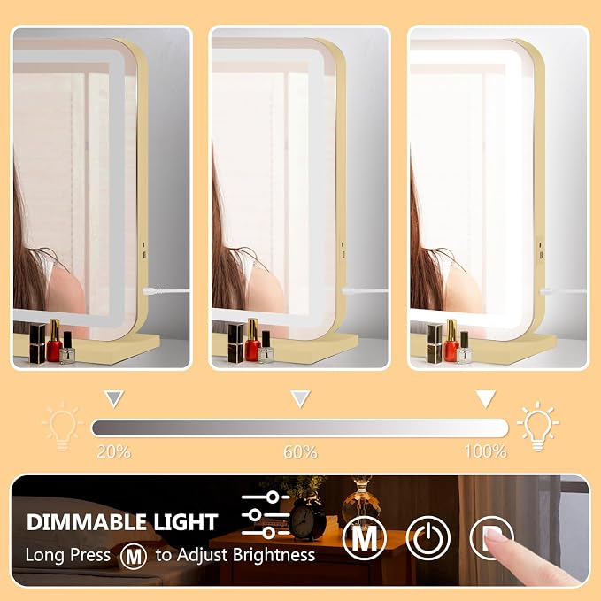 Ratsamee Gold 26" x 20" Vanity Mirror with Lights, Led Makeup Mirror, Lighted Makeup Mirror with 3 Color Dimmable Lights, Smart Touch Screen Control, Aluminum Metal Frame,USB Charging Port