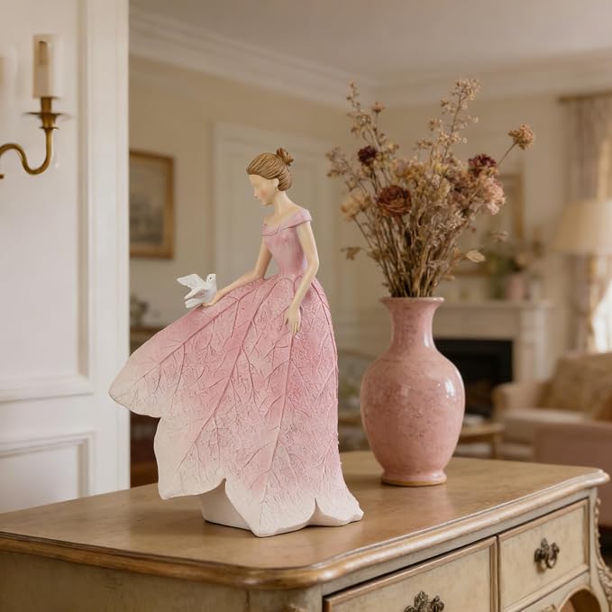 Guichifun Pink Leaf Angel Girls Fairy Statue, 8.5 x 5.25 x 12 Inch | Resin, Home Garden Decor, For Outside or Inside, Rustic Fairy Garden Figurines, Gifts for Women
