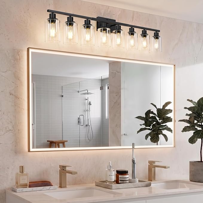 MOKATNG 8-Light Bathroom Light Fixtures, Vanity Light with Clear Glass Shades, Matte Black Bathroom Light Fixtures Over Mirror, Modern Bathroom Wall Lamp for Mirror Living Room Cabinet Bedroom