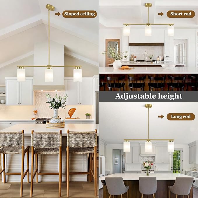 3-Light Gold Kitchen Island Lighting 31" Pendant Light with Milk Glass Shade Adjustable Height Linear Chandelier for Dining Room Modern Farmhouse Light Fixture Over Table, Bar, Living Room, Foyer, E26