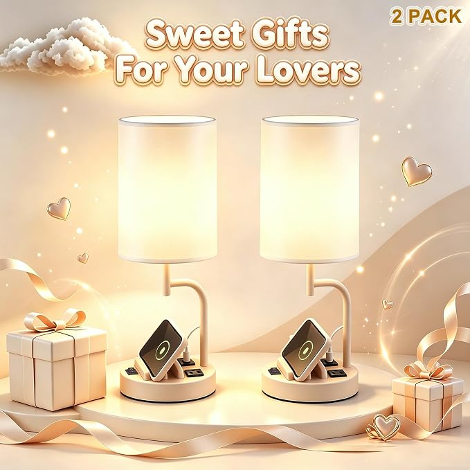 Dreamholder 2 Pack Table Lamp, Bedside Lamp with 3 USB Charging Ports & AC Outlet, USB Desk Lamp with 2 Phone Holders, Linen Fabric Shade Nightstand Lamps for Bedroom Living Room Office, Beige