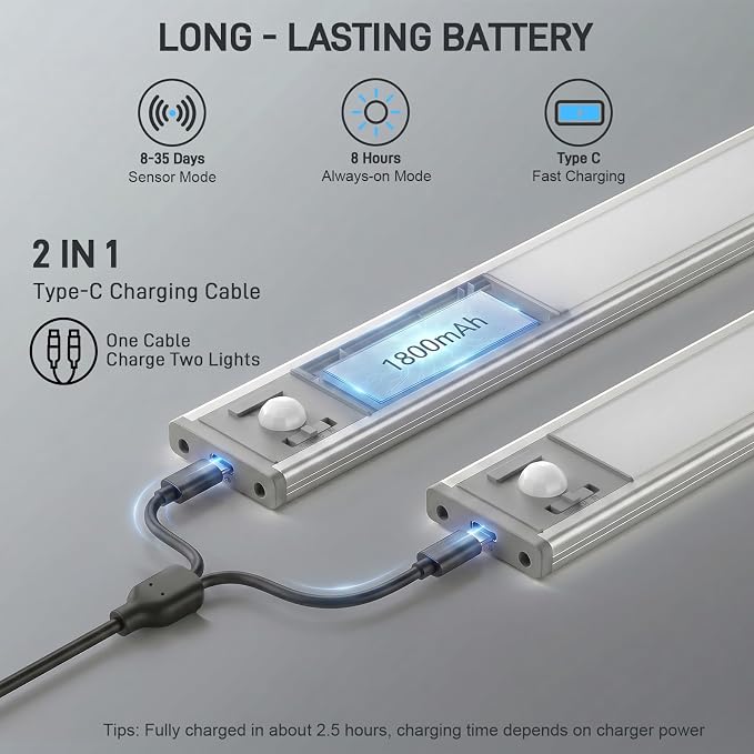 6Pack Aluminum Under Cabinet Lighting, 10inch Rechargeable Ultra-Thin Magnetic Motion Sensor Closet Lights, 3 Colors & Dimmable, USB-C Wireless Under Counter Lights for Kitchen, Pantry, Wardrobe