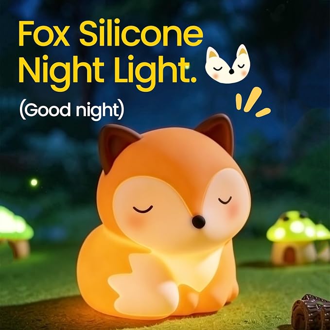 Fox Night Light Silicone Squishy Animal Lamp with 30 Min Auto Timer | 3 Level Dimmable Bedside Nightlight with Tap Control Office Desk Ambient Lamp Unique White Elephant Gifts