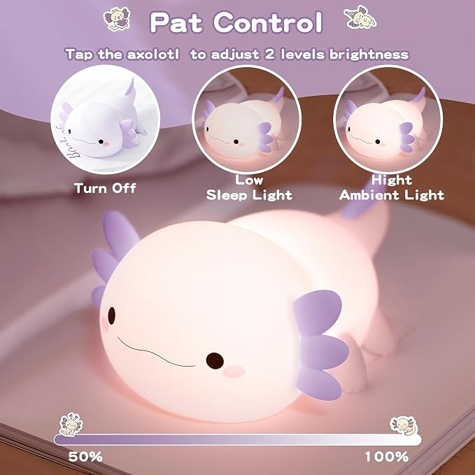 FAMIDUO Purple Axolotl Night Light for Kids,LED Squishy Bedside Touch Lamp | BPA-Free Soft Silicone,Dimmable,20Min Timer,Rechargeable Nursery Light, Girls Room Decor,Cute Gifts for Mom Baby Toddler
