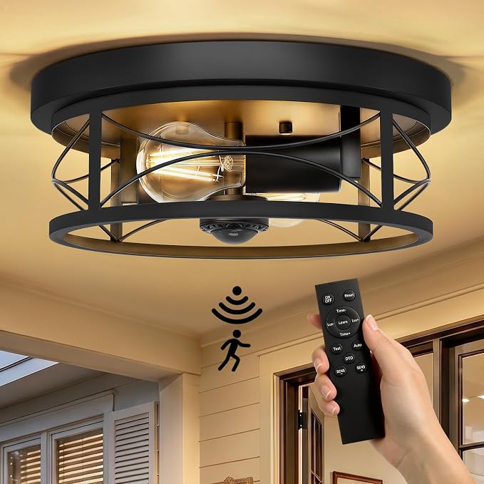 Motion Sensor Outdoor Ceiling Light, Dusk to Dawn Flush Mount Light Fixture | 3 Smart Lighting Modes, Upgraded Motion Sensor with 360° PIR Detection for Outside Patio Hallway Driveway Garage Exterior