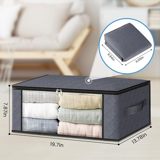 HomeHacks 3-Pack Clothes Organizer Storage Bags, 35L Storage Bins, Gray | Foldable Storage Box Container with Zippers, Clear Window, Reinforced Handles for Closet, Dorm, Pillows, Bedding, Sweater