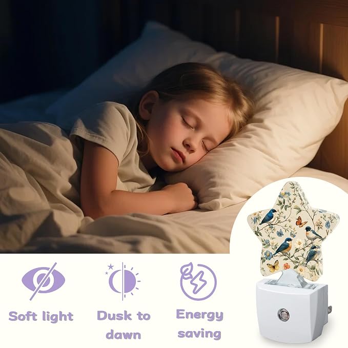 Birds Butterfly Decorative Nightlight Plug in Wall,Watercolor Floral Star Shaped Night Light with Built in Sensor for Home Decor,Kitchen Hallway Stairs Desk Lamp