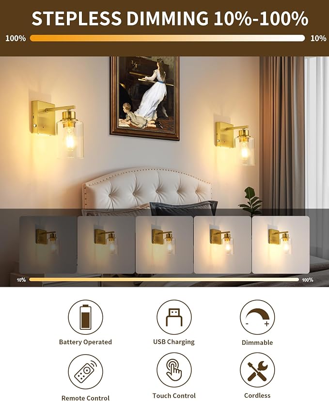 Rayogale Wireless Battery Operated Wall Sconce Set of 2 with Remote Control | Gold Dimmable Rechargeable Wall Lights with Timer, Easy Install Glass Lamp for Living Room Bedroom, Emergency 3000K