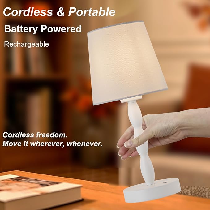 Rechargeable Cordless Table Lamp, 5000mAh Battery Powered Touch Desk Lamp, 3-Level & Stepless Dimmable Night Light, Portable Bedside Lamp for Bedroom, Outdoor, Bulb Included, White