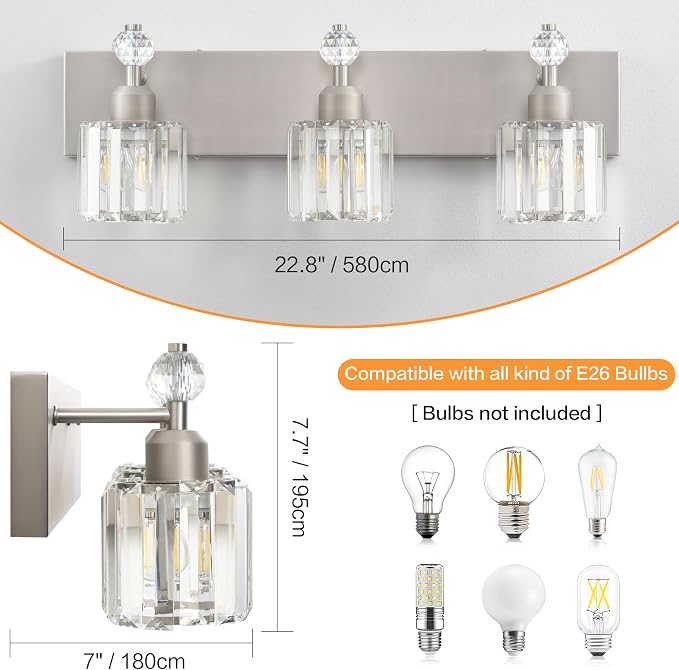 PRESDE 3-Light Crystal Bathroom Vanity Light, Brushed Nickel Bath Lighting Over Mirror, Modern Wall Sconce Fixture