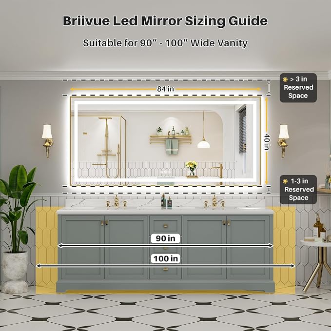 84x40 Inch LED Bathroom Mirror with Gold Frame, Backlit & Front Lit | Anti-fog, 3 Color Dimmable, Memory Function, HD Reflection Tempered Glass, ETL Listed, IP54 Waterproof