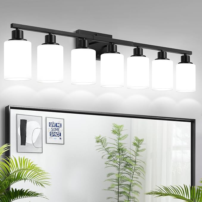 MOKATNG 7-Light Bathroom Light Fixtures, Vanity Light with Milky White Shades, Matte Black Bathroom Light Fixtures Over Mirror, Modern Bathroom Wall Lamp for Mirror Living Room Cabinet Bedroom