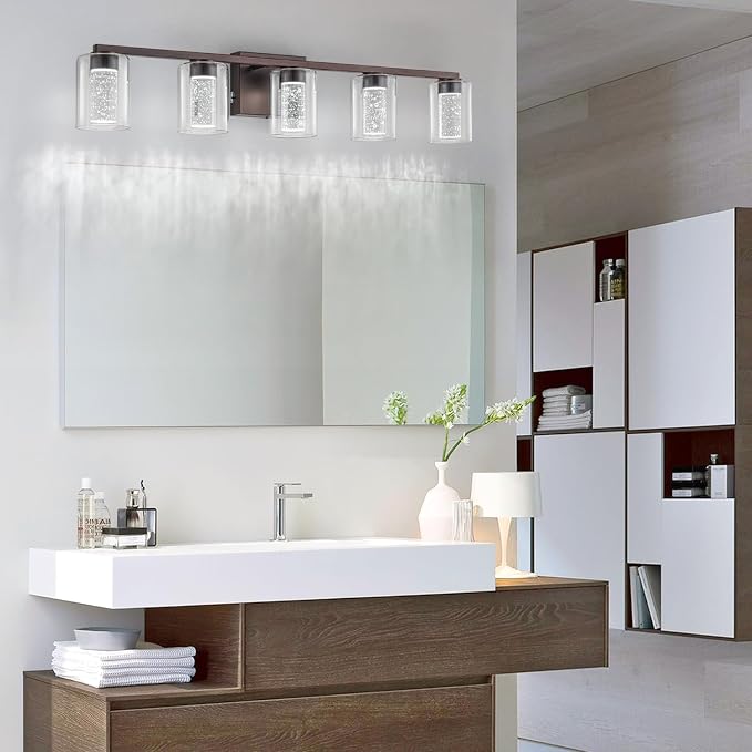 SineRise 5-Light Bronze Vanity Light with 3 Color Modes (3000K/4000K/6000K), Eye Protection LED Bathroom Light Fixture, Dimmable Modern Wall Light Over Mirror with Clear Glass Shade