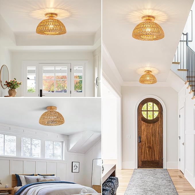 Boho Ceiling Light Fixtures,Rattan Light Fixture,Small Boho Chandelier Hand Woven Ceiling Light with Wooden Base,Rattan Flush Mount Ceiling Lights for Bedroom Hallway Kitchen Entryway Nursery