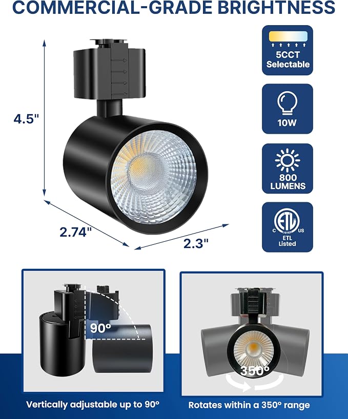 LED J Track Lighting Heads, 10W (60W Eq.), 5CCT (2700K-5000K), 800LM CRI90 Dimmable Track Light Head, 36°COB Spotlight, J Type Compatible Track Light for Accent Lighting, Black, 12 Pack