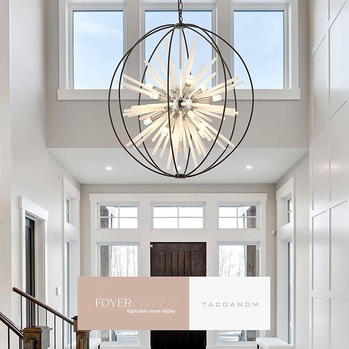 31.5" Black Chrome Large Globe Sputnik Chandelier, 16-Light Mid Century Modern Glass Tube Satellite Light Fixture for High Ceiling Living Room Dining Room Entryway Stairway, E12