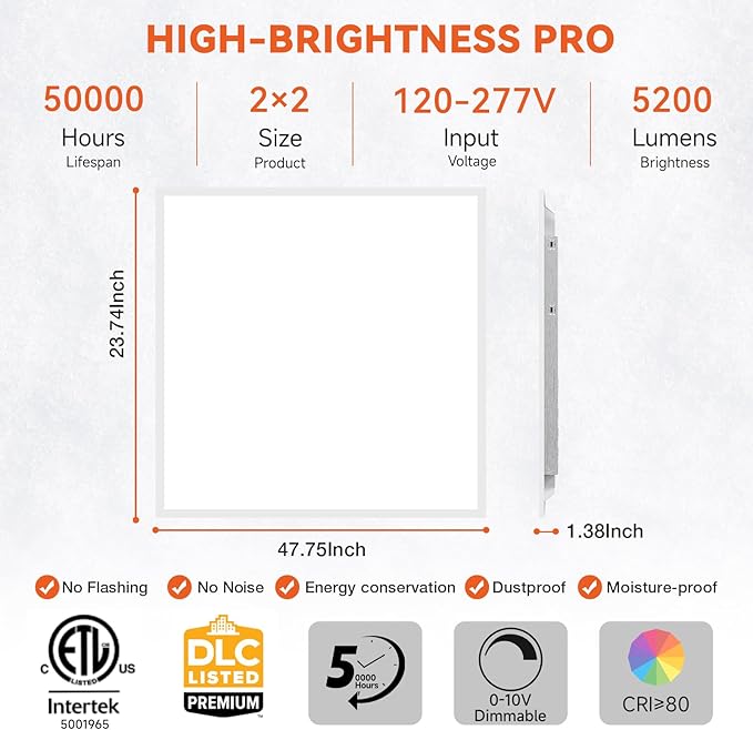 OKQ 2x2 LED Flat Panel Light Drop Ceiling Office Shop Commercial Warehouse Fixture, 5 CCT 3000K-6500K Adjustable & 5 Wattage Selectable,6000Lm 0-10V Dimmable, ETL Listed (6Pack)