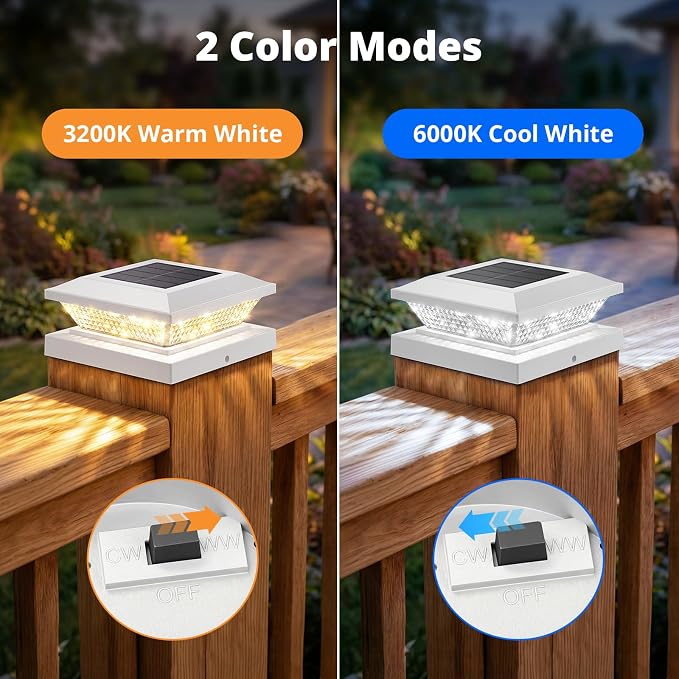 4x4 Solar Post Cap Lights Outdoor 4 Pack, Waterproof Solar Fence Light for Wooden/Vinyl Post, 2 Color Outside Deck Patio Porch Decor, White