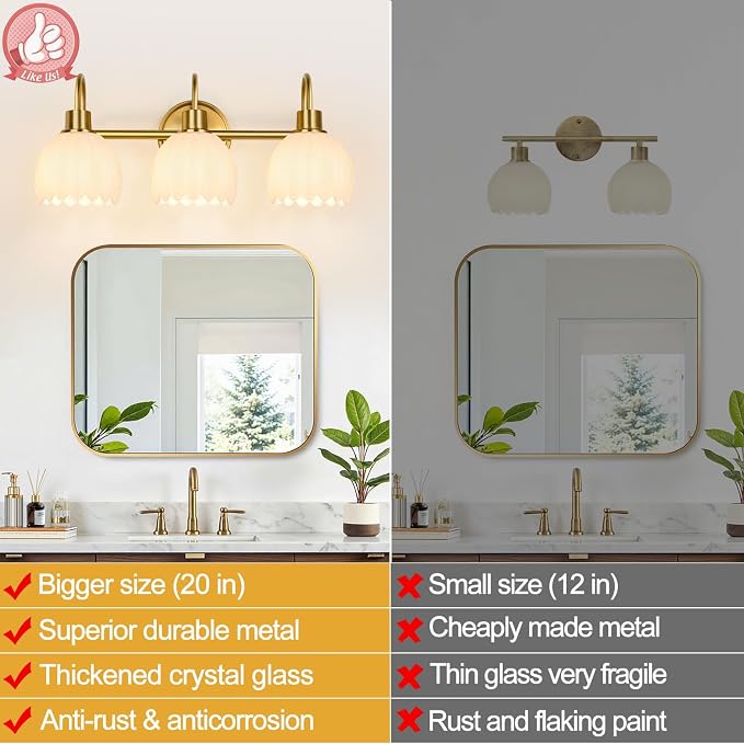 Bathroom Light Fixtures, 3-Light Gold Vanity Light Fixtures with White Tulip Glass Shades, Bathroom Lighting Fixtures Over Mirror for Bedroom, Living Room & Hallway (Bulbs Not Included)