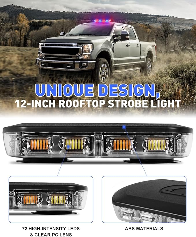 HLauto 700A Rooftop Emergency Strobe Lights Bar, 72 LED Red Blue Mini Beacon Safety Flashing Warning Traffic Lights Bar w/Magnetic Base for 12-24V Trucks, Construction Vehicles, Snowplow, Cars