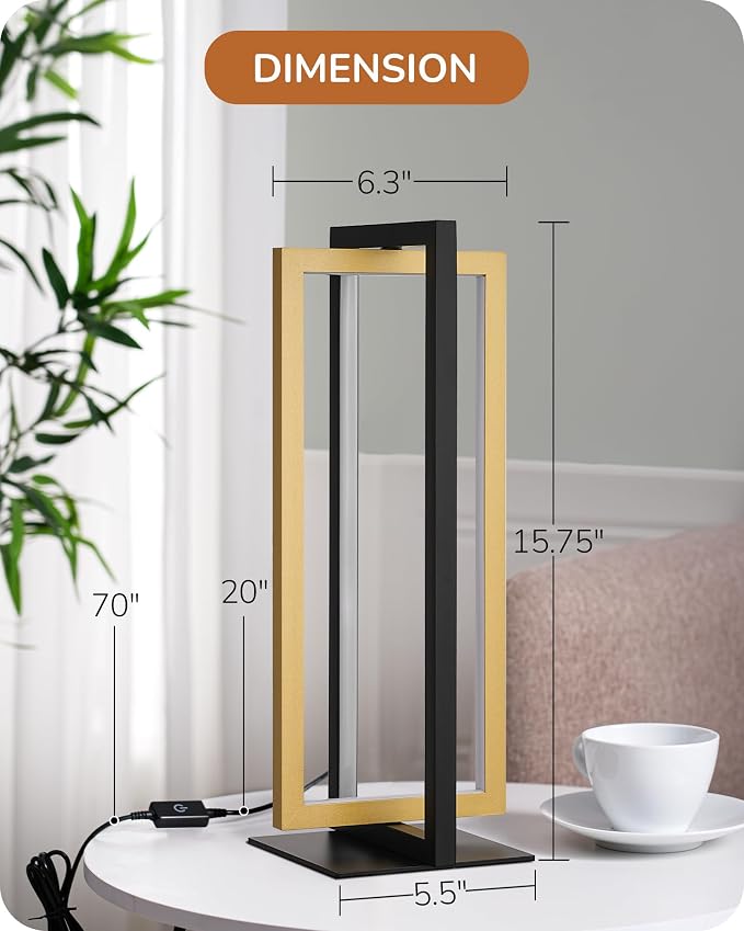 EDISHINE LED Table Lamp Set of 2, Modern Dimmable Nightstand Lamps, Gold | 3 Color Temperatures, MAX 750LM, Angle Adjustable, Dual-Frame Rectangle, Ideal for Living Room, Bedroom