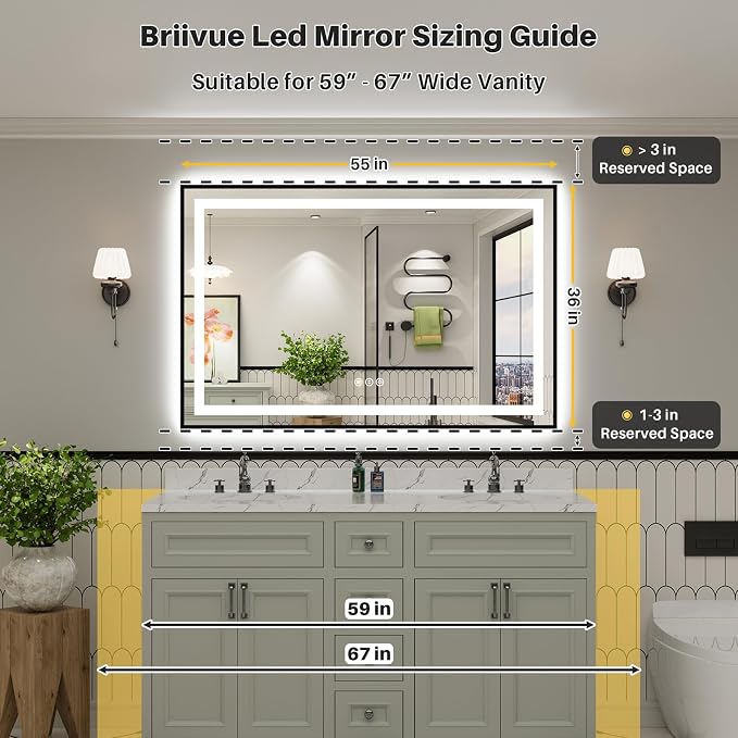 55x36 Inch LED Bathroom Mirror with Black Frame, Backlit & Front Lit | Anti-fog, 3 Color Dimmable, Memory Function, HD Reflection Tempered Glass, ETL Listed, IP54 Waterproof