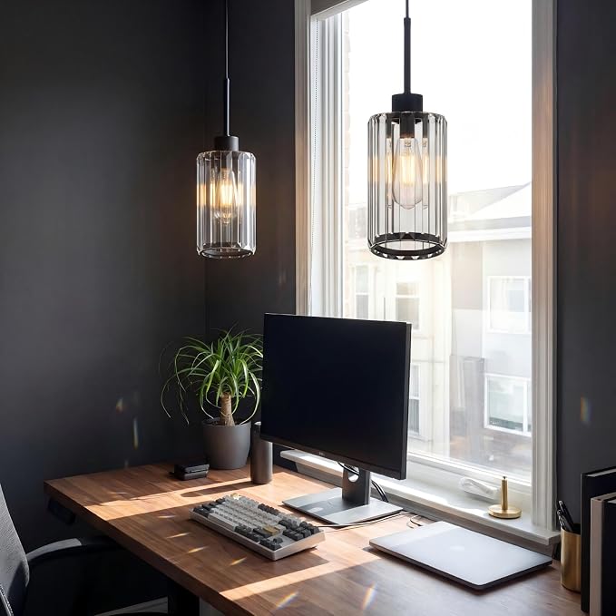 Modern Clear Fluted Glass Pendant Light 2 Pack - Thick Ribbed Glass with Soft Glow, Adjustable E26 Hanging Lamp for Kitchen Island & Dining Room