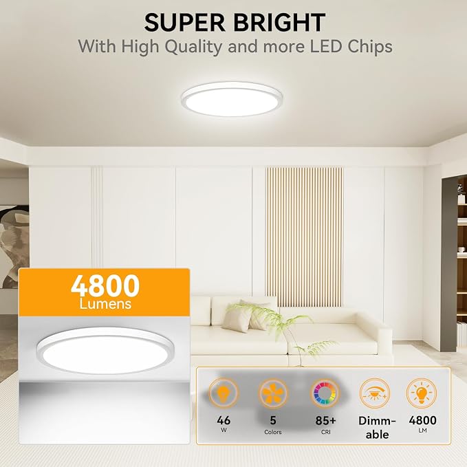 5CCT 3000k/3500K/4000K/5000k/6000k Selectable, Led Flush Mount Ceiling Light, 15.8 Inch 4800LM Round Modern Flat Panel,Super Slim for Living Dining Kitchen Bedroom Room