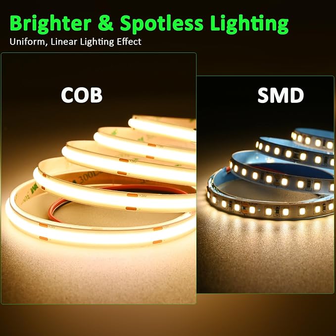 JOYLIT 50FT COB LED Strip Lights 24V 3000K Dotless 480LEDs/M Indoor IP20 | Consistent Brightness, CRI90+, Warm White, Dimmable, Cuttable, 3M Adhesive, For Bedroom, Cabinet (Power Supply Not Included)
