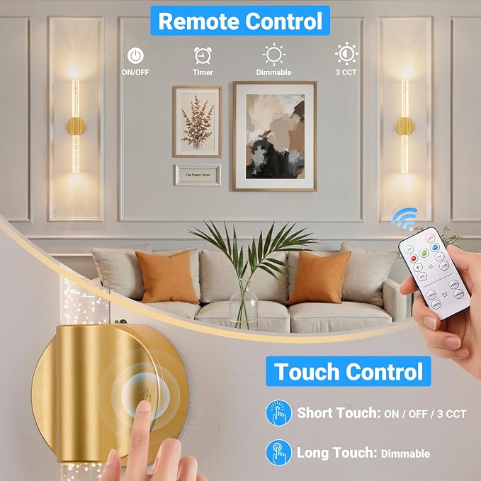 Peel and Stick Gold Rechargeable Magnetic Wireless Wall Sconces Set of 2 | Linear Wall Lights with Remote and Touch Control, 3CCT and Dimmable Battery Operated Wall Lamp for Bedroom Living Room