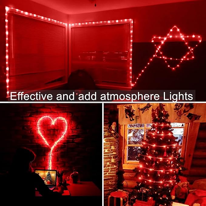 QITONG Red Solar Rope Lights Outdoor, 2 Pack Each 33ft 100 LED String Light, 8 Modes Fairy Lights in Clear Thin Tube with 8 Modes