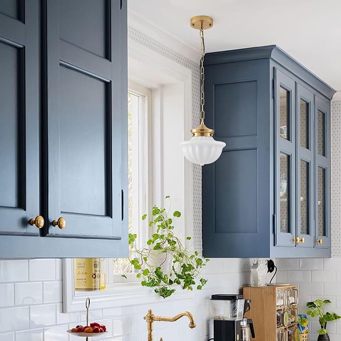 Schoolhouse Pendant Fixtures, 9" Brass Gold Milk Glass Pendant Light, Adjustable Mid Century Ceiling Pendant Lighting for Bedroom Kitchen Living Room Hallway Dining Room