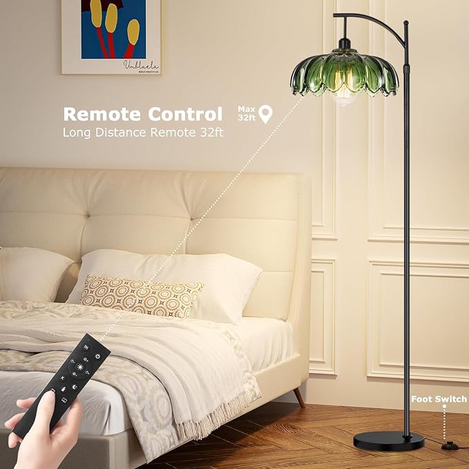 ILLMTW Glass Floor Lamp for Living Room,Bedroom,Mid Century Modern Standing Lamp with Remote,Dimmable Black Tall Lamp Lamp Vintage Retro Arc Floor Lamps Flower Floor Light Boho Bohemian
