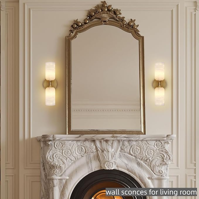 Gold Alabaster Wall Sconces Set of 2, 14in Spanish Natural Marble Sconce, Modern Stone Wall Light, Dimmable Alabaster Vanity Light Hardwired Brass Wall Lamp for Bathroom Mirror, Bedroom, Hallway