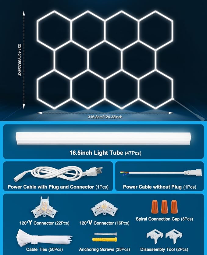 Hexagon Garage Lights: Hexagon led Gym Lights 50000LM DIY LED Shop Light | Car Detailing Ceiling Light for Basement Warehouse Workshop Barbershop Car Care Wash Room Exhibition 6500K