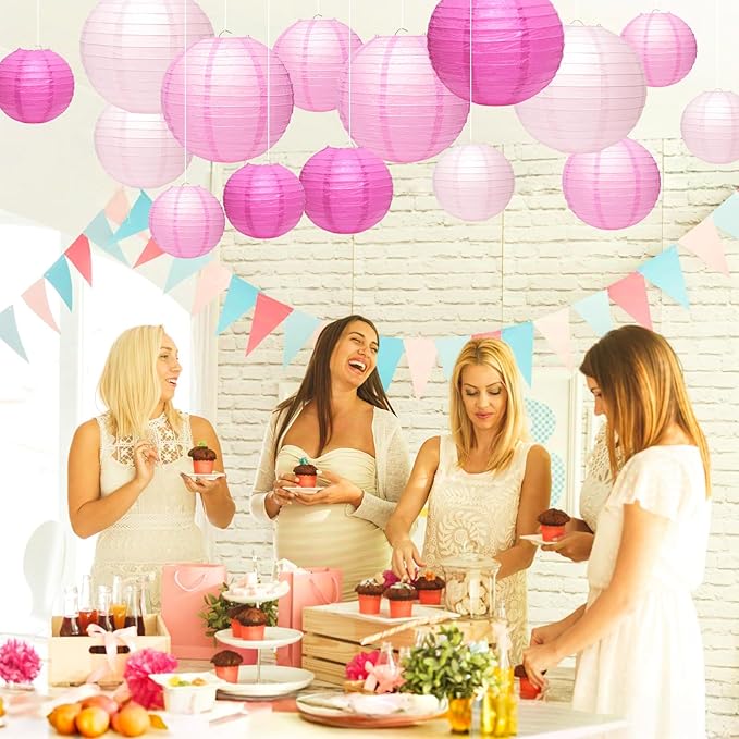 21 Pcs Pink Paper Lanterns Party Decorations, 4/6/8/10 Inch Round Chinese Hanging Paper Lanterns for Valentine's Day, Wedding, Birthday, Graduation, Classroom Ceiling Decorations Indoor Outdoor