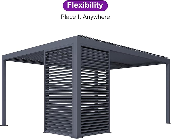 PURPLE LEAF Louvered Pergola 12' x 16' 94AS w/ 1W Side Shutter Wall Grey | Rainproof Gutters, Two Adjustable Roofs, 53Mph Wind Resistant, Plus Privacy Shutters (Total Seclusion), DIY-Friendly Design