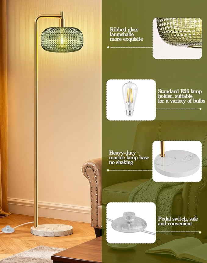 QiMH Gold Floor Lamp for Living Room, Mid Century Modern Standing Lamp Brass Tall Lamp with Green Glass Lamp Shade Marble Base, Large Vintage Retro Floor Lamps for Bedroom Home Decor