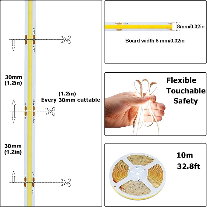 32.8ft(10M) 24V COB LED Strip Light Natural White 4000K 3840LED CRI 93+ 6800lm Uniform Glow Dotless IP20 Not Waterproof Flexible LED Tape Lights for DIY Bedroom Home Decor(No Power Supply)