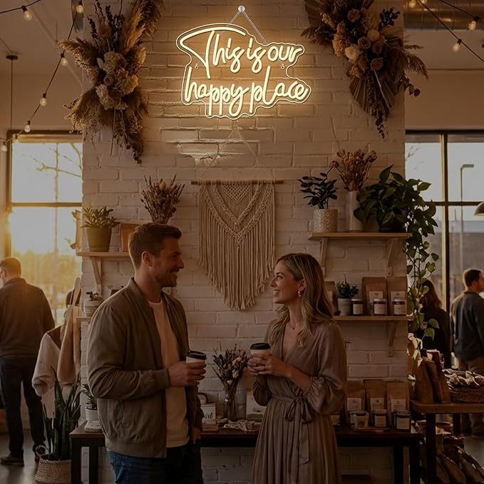NOSUN This is Our Happy Place Neon Sign Happy Place Neon Signs for Wall Decor Dimmable Warm White LED Signs for Bedroom Classroom Man Cave Home Bar Birthday Party Game Zone Decor Neon Classroom Sign