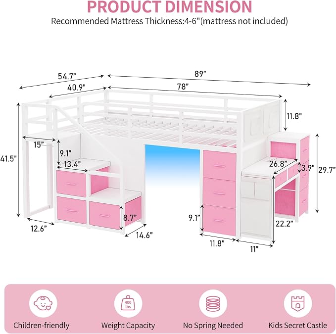 Twin Loft Bed with Desk, RGB Lights & Under Bed Play Fort, White Pink | 11 Storage Drawers, Clothes Rack, Pockets, Wide Step Stairs, 11.8''H Safety Guardrail, Built-in Charging Station