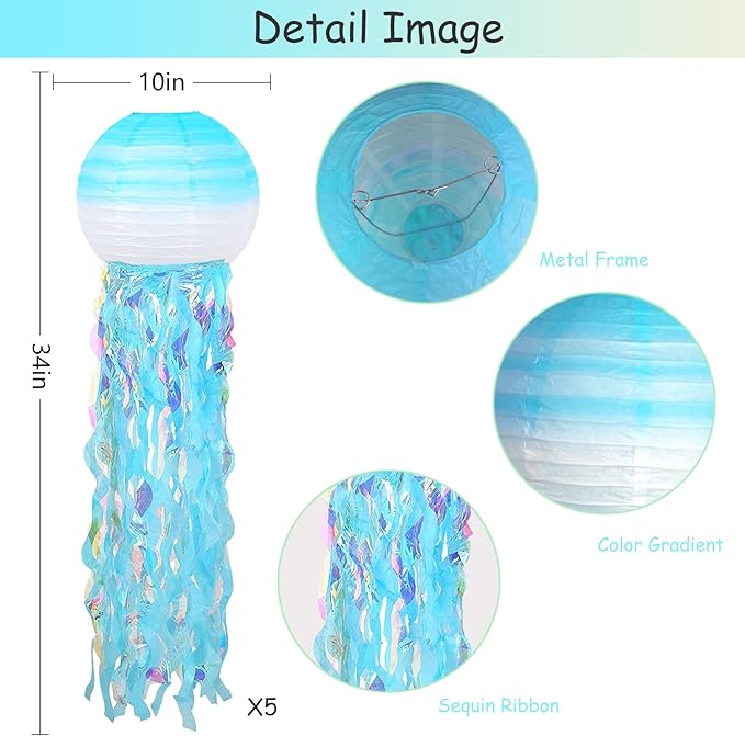 ADLKGG Hanging Jelly Fish Paper Lanterns, Gradient Colorful Blue Paper Lanterns for Mermaid Theme Party Under The Sea Ocean Birthday Decorations Baby Shower Baby Room, Set of 5