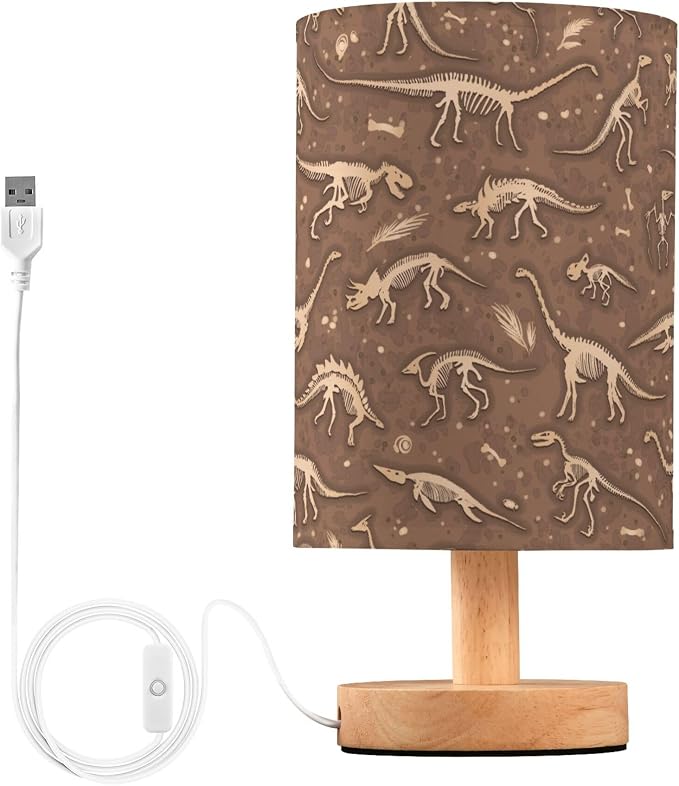 Table Lamp Dinosaur Fossil Dino Skeletons Pattern Nightstand Lamp with Wood Base Fabric Lamp Shade Bedside Desk Lamp for Living Room Bedroom Kids Room Office