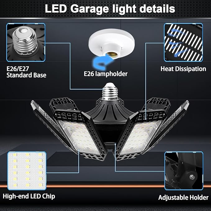 2 Pack LED Garage Light, 240W 24000LM 6500K LED Shop Lights, Garage Lights Ceiling Led with 7+1 Deformable Panels, E26/E27 Bulb Socket Lighting for Shop, High Bay, Attic, Basement, Warehouse
