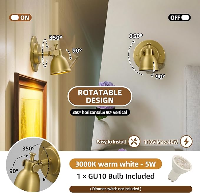 Gold Small Wall Sconce Hardwired Single - Brass Vintage Dimmable Indoor Bell Light Fixture for Bathroom Vanity Bedroom Bedside Reading Hallway Living Room Kitchen Gallery Hall Picture Lamp