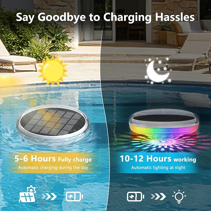 Solar Powered Floating Pool Lights(2 Pack), Pool Lights That Float with Remote Control, 12 Lighting, Timing Mode, IP67 Waterproof for Inground/Above Ground Pool, Pool Party, Bathroom, Bathtub, Garden