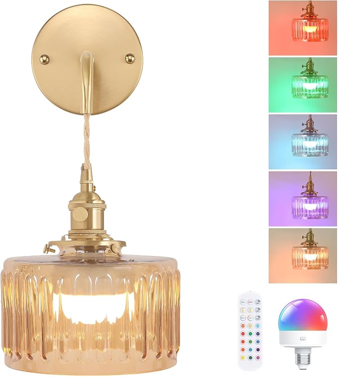 Shenmoyl Battery Operated Wall Sconce with Amber Striped Shade Pattern Glass Adjustable Chain Retro Gold Wall Mounted Light, Modern Wall Lamp Fixtures Decor for Bedside Bedroom Indoor Doorway